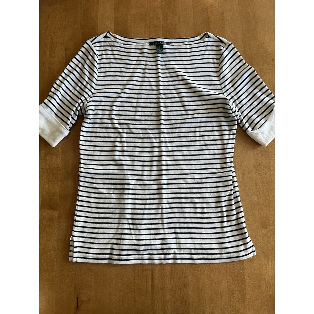 LAUREN Ralph Lauren Striped Boat Neck Elbow Sleeve Top Women's Size S Small